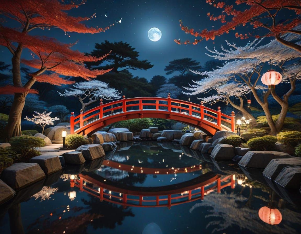 Serene Japanese Garden Bridge at Night in Ukiyo-e Style