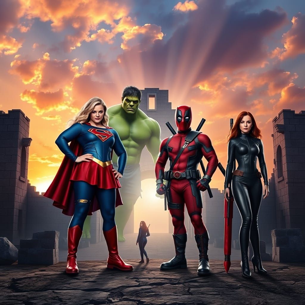 Superheroes Stand Victorious in Front of a Radiant Ruined Ca...