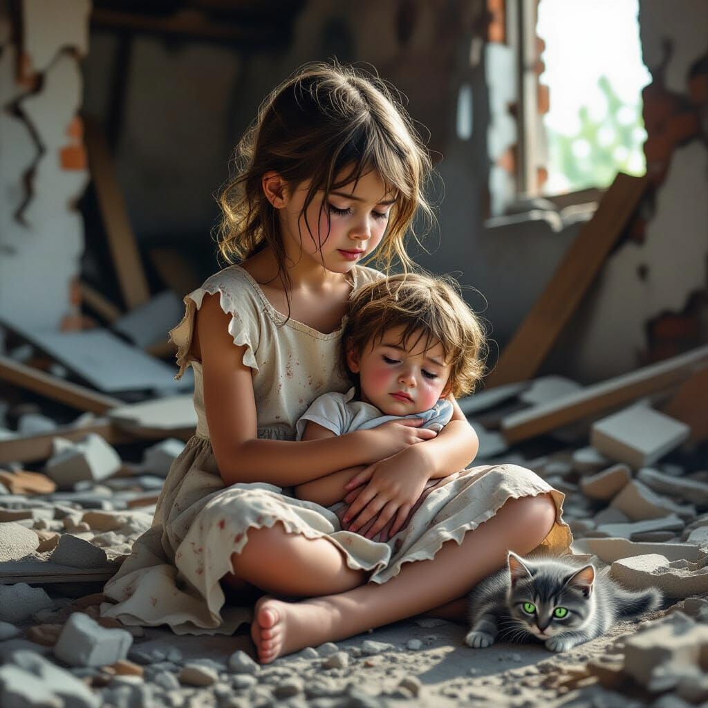 Girl Comforts Brother Amidst Bombing Ruins with Kitten