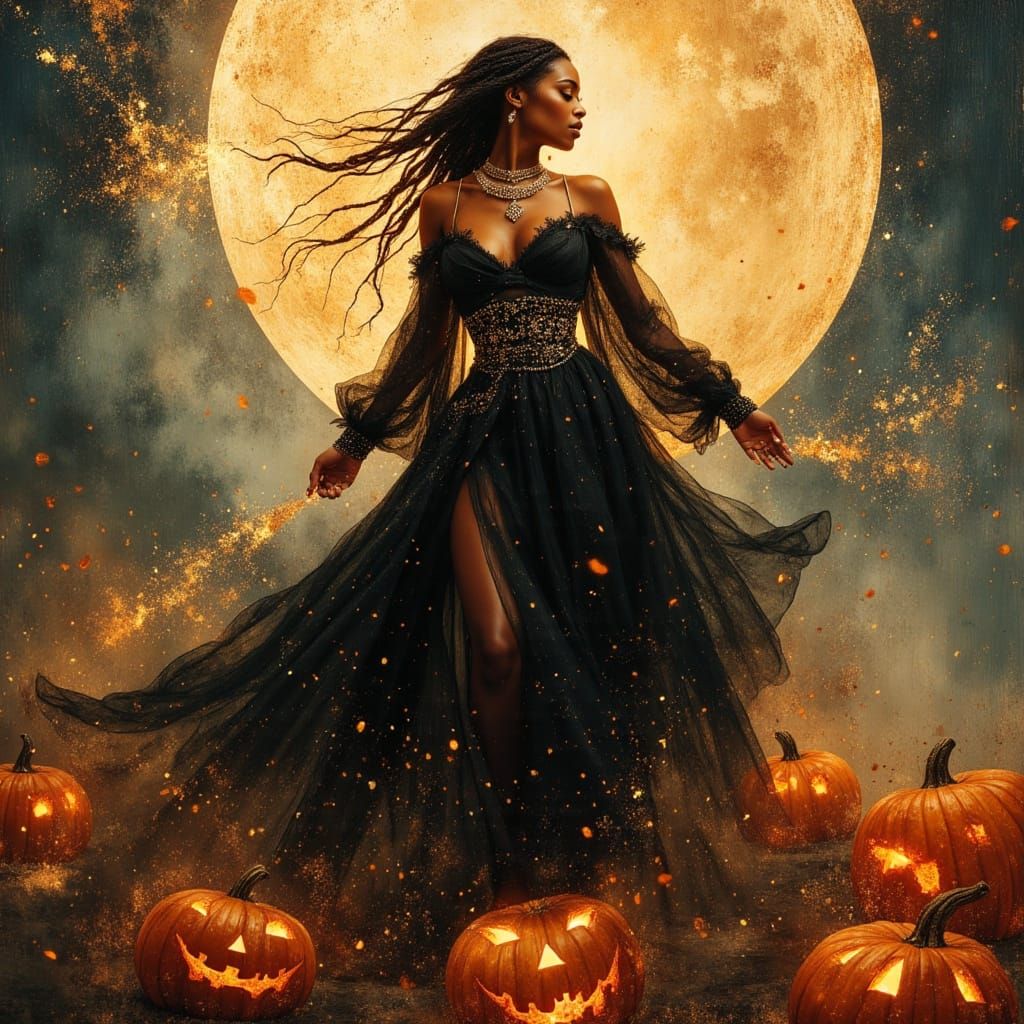 African Witch in Misty Pumpkin Patch Under Full Moon