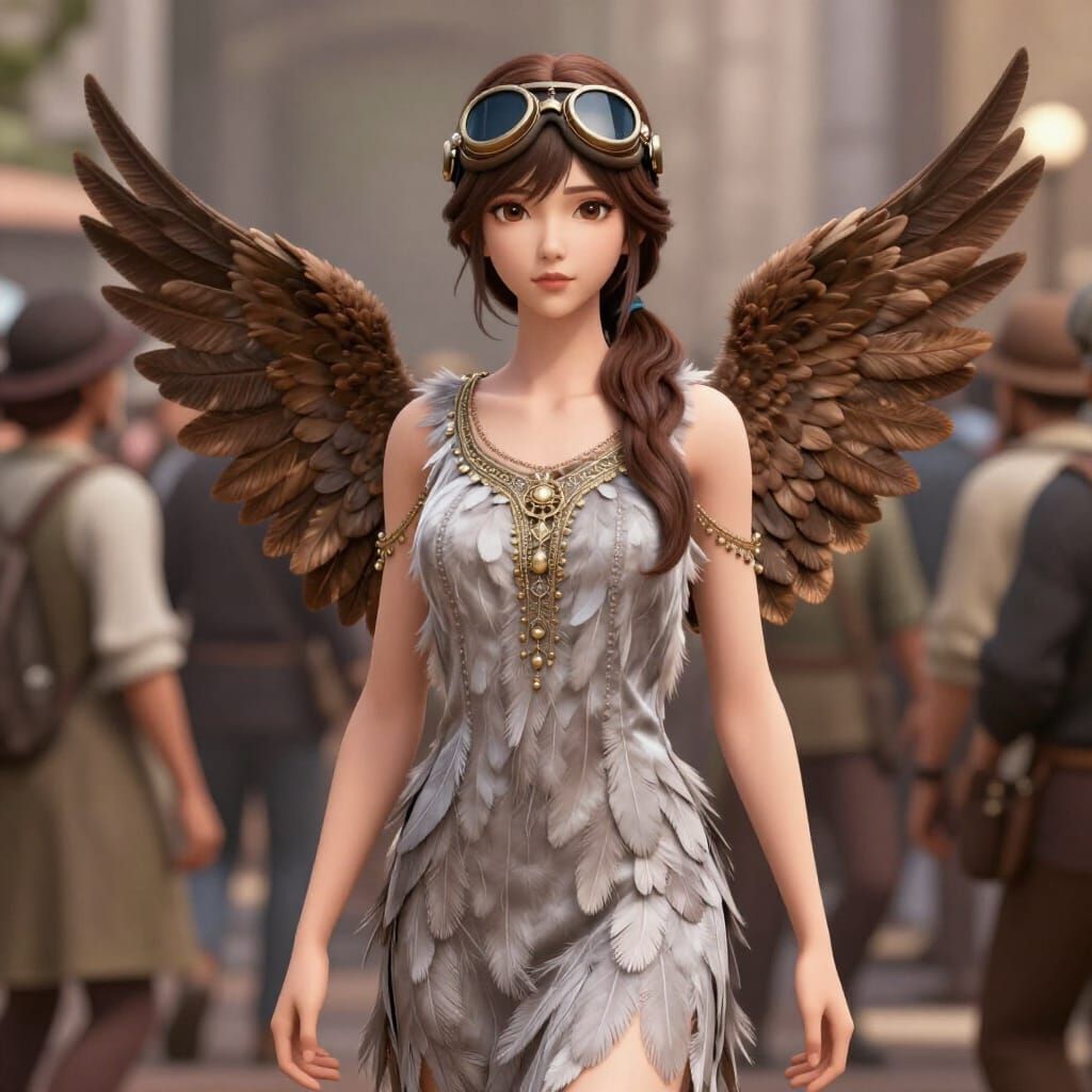 Steampunk Aviator Woman in Feather Dress with Dove Wings