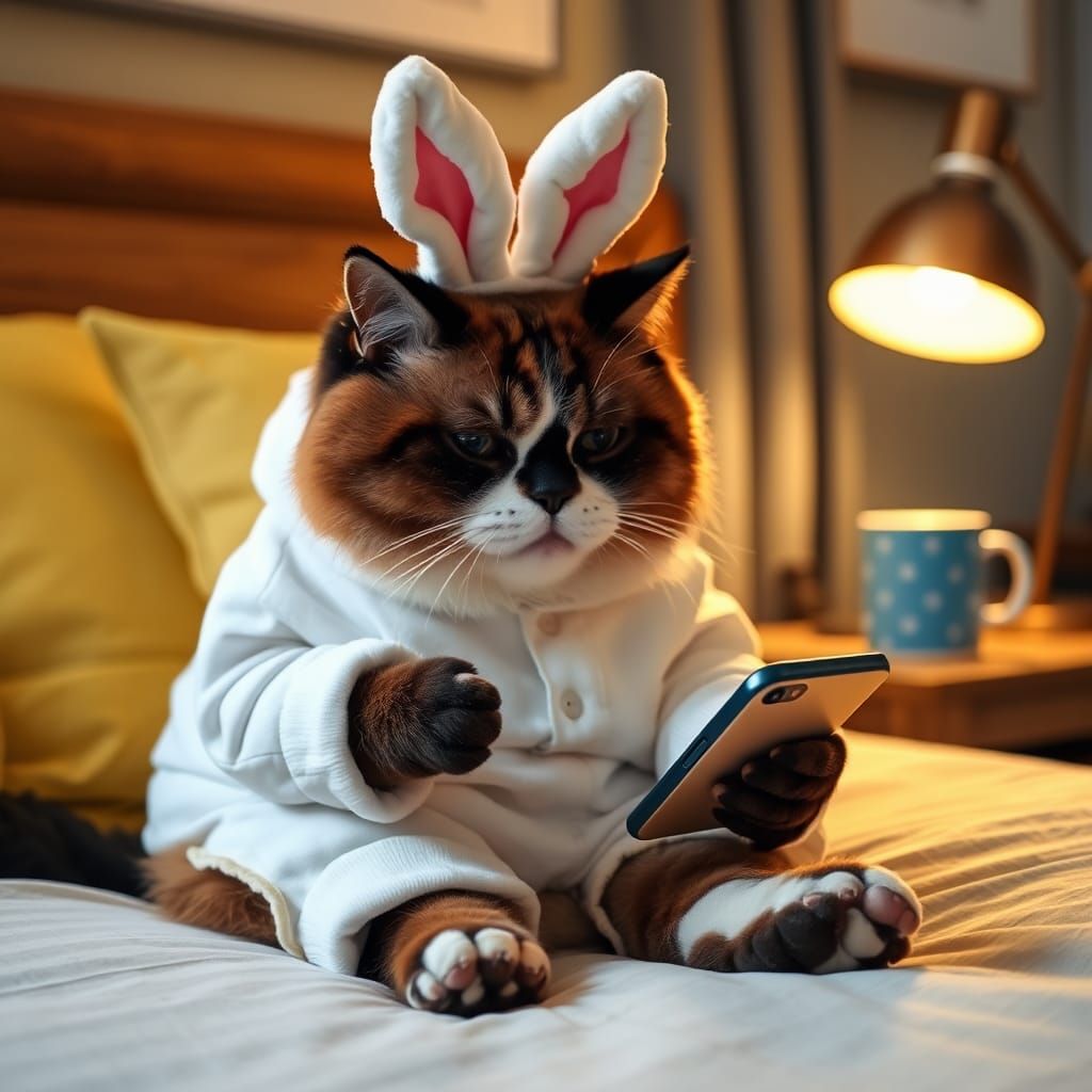 Calico Cat in Pajamas Using Phone in Cozy Room