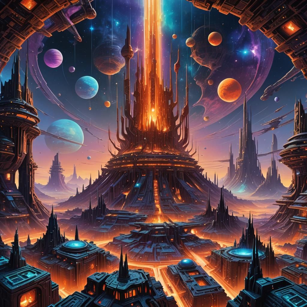 Alien Megastructure in Retrofuturism Landscape