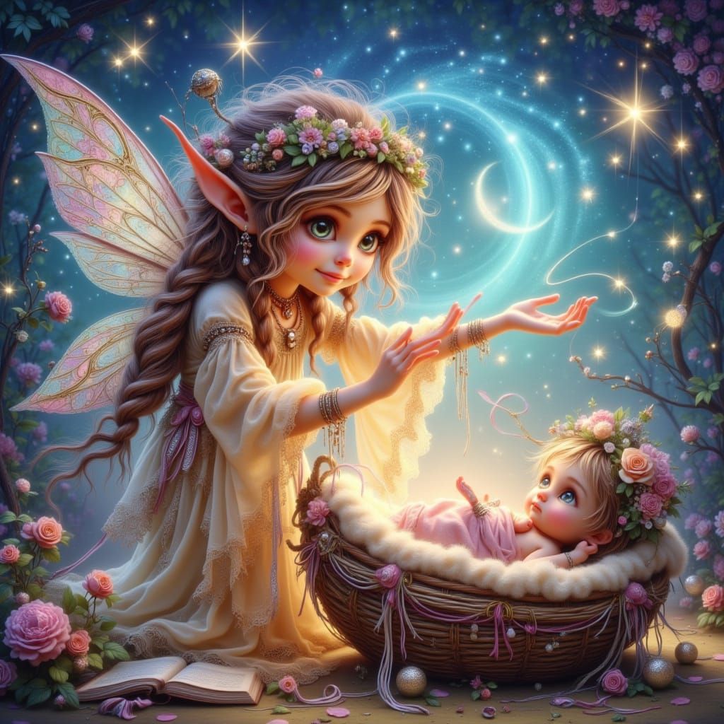 Fairy Godmother Blessing a Baby in Fairytale Scene