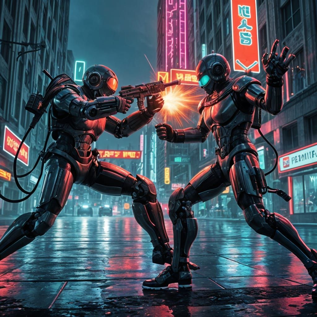 Cybernetic Warriors Engage in Neon-Lit Gunfu Duel