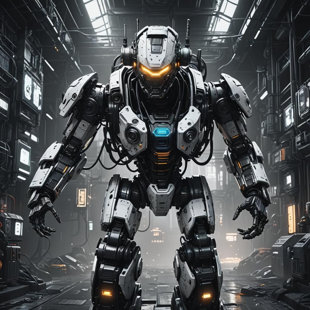 Monochrome Cyberpunk Robot Technician in Detailed Matte Pain...