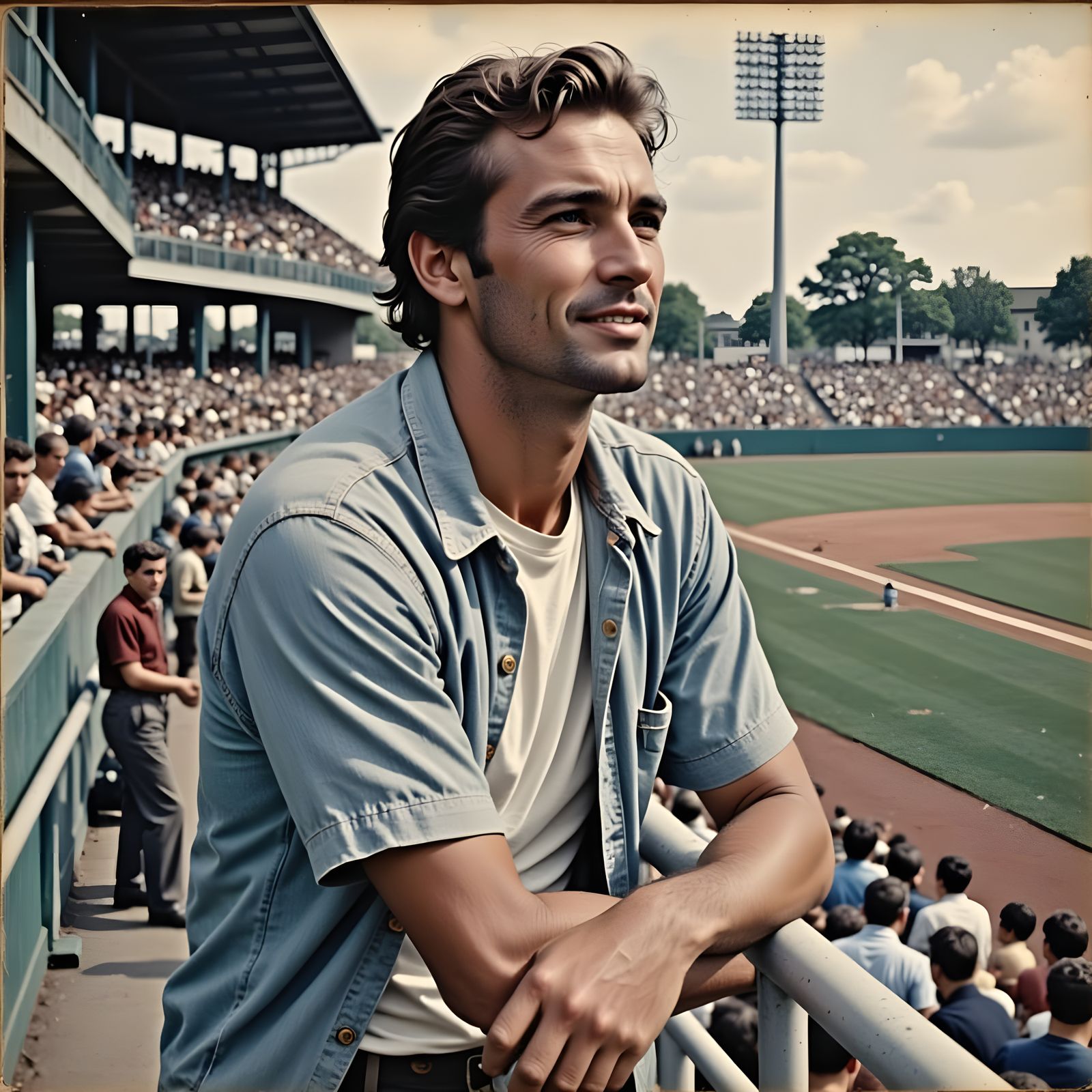 Contemplative Man at Baseball Game in 90s Style