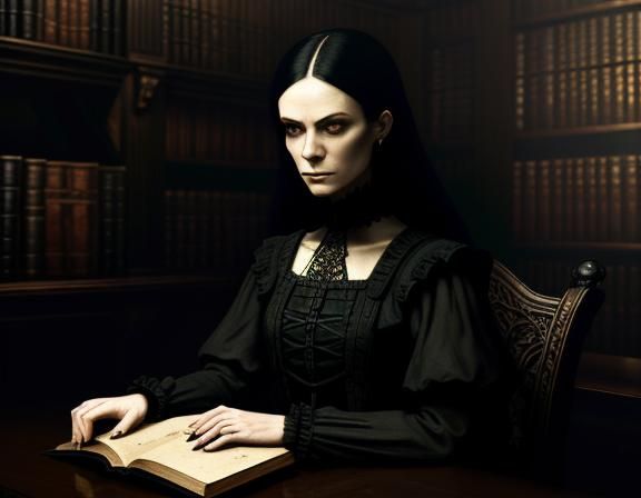 Gothic Woman in Library: Digital Painting