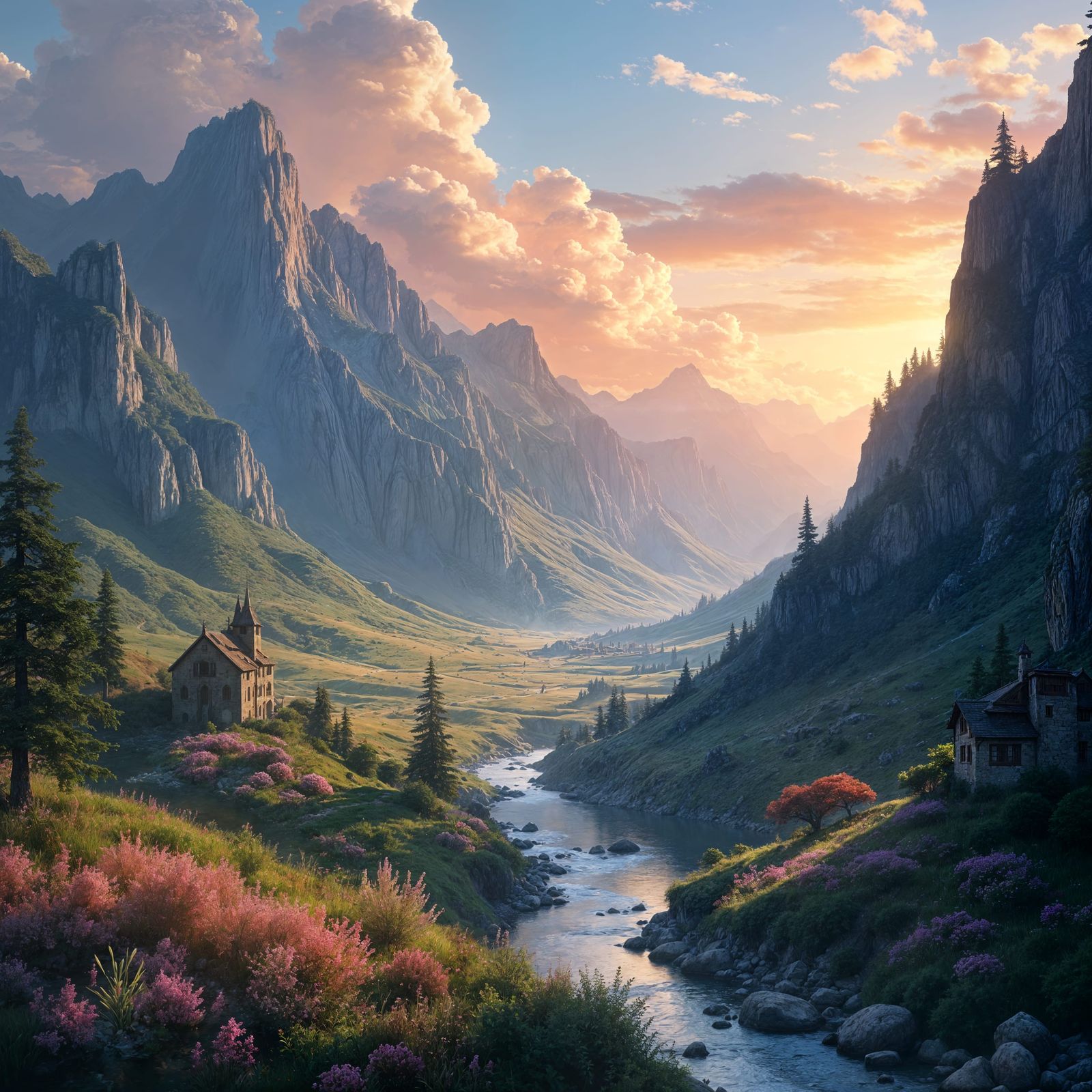 Mountain Valley Sunset: A Medieval Fantasy Landscape