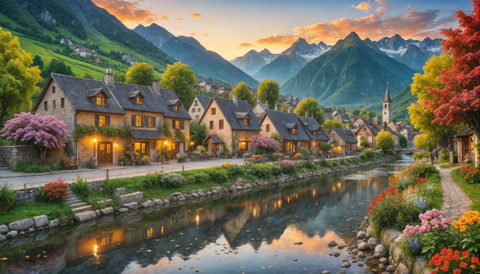Picturesque Village at Sunset: Detailed 8k Landscape