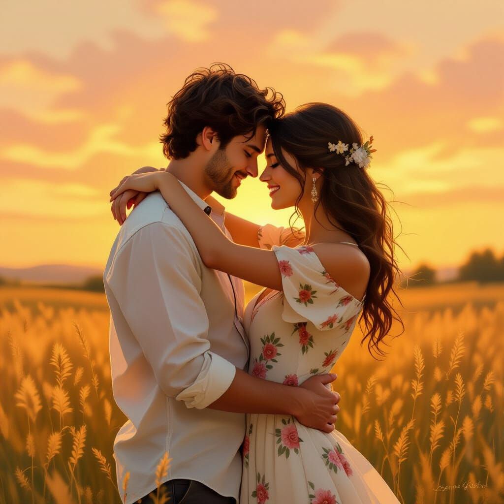 Romantic Couple Embrace at Sunset in Art Nouveau Style