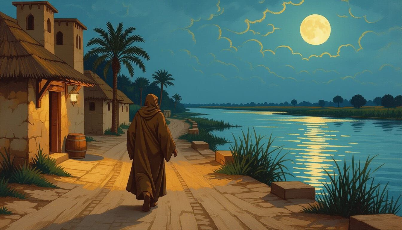 Scribe Departs Tavern Under Moonlit Nile, Medieval Style
