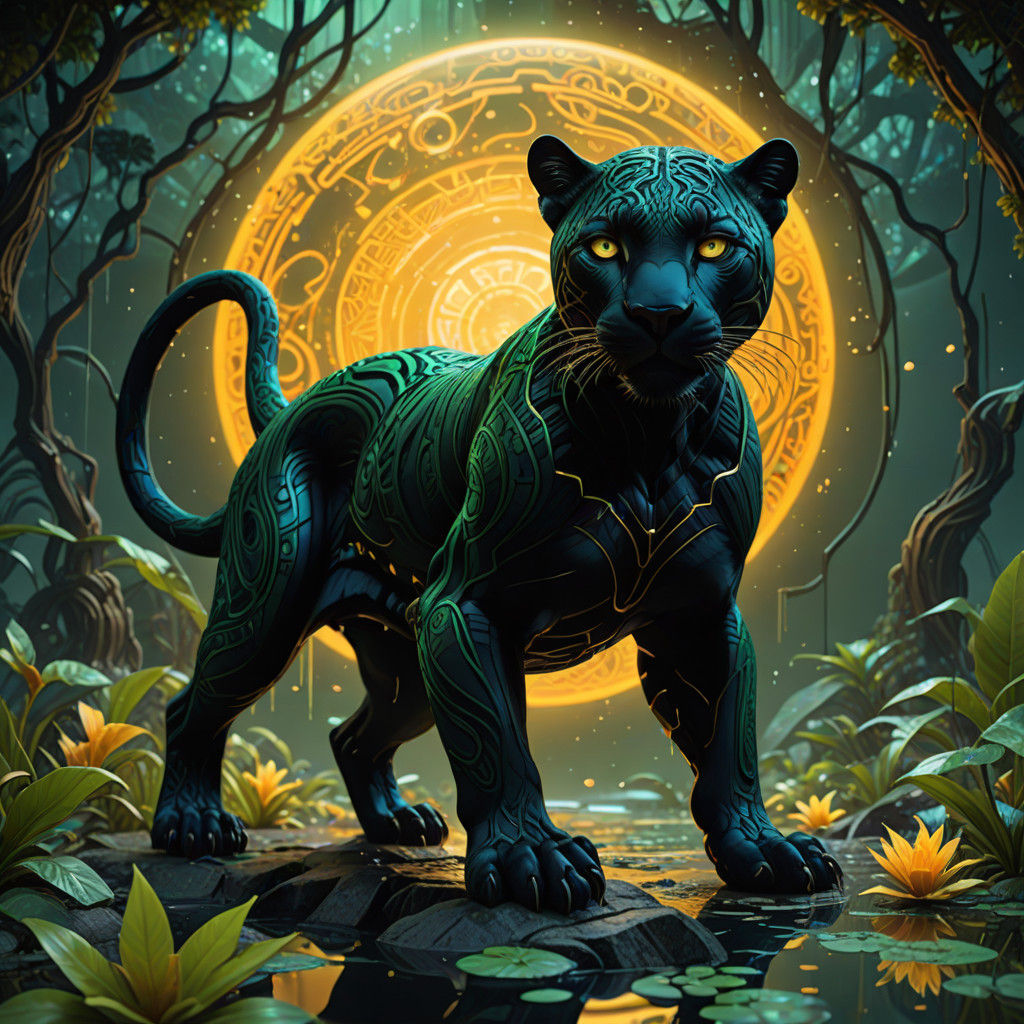 Glowing Panther in Jade Attire Leaps into Moonlit Jungle