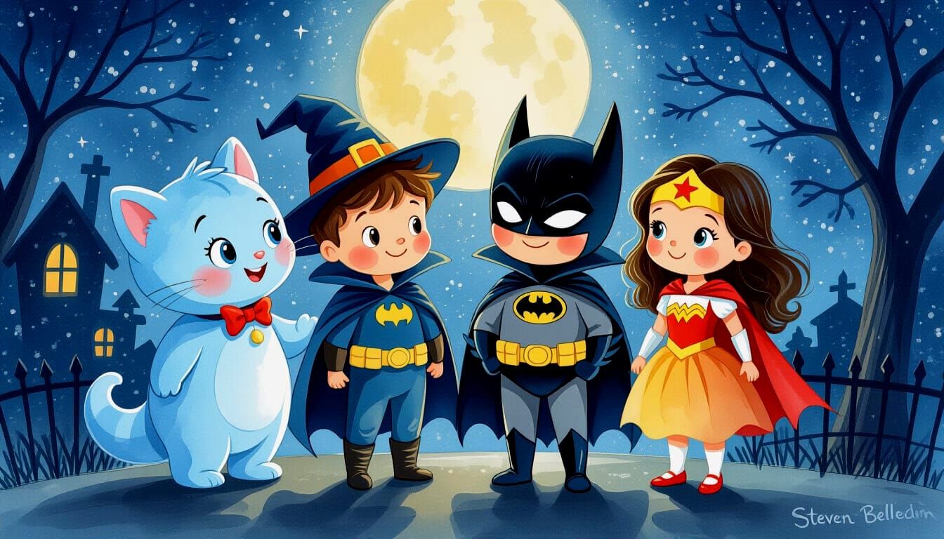 Adorable Children in Halloween Costumes at Night in Watercol...