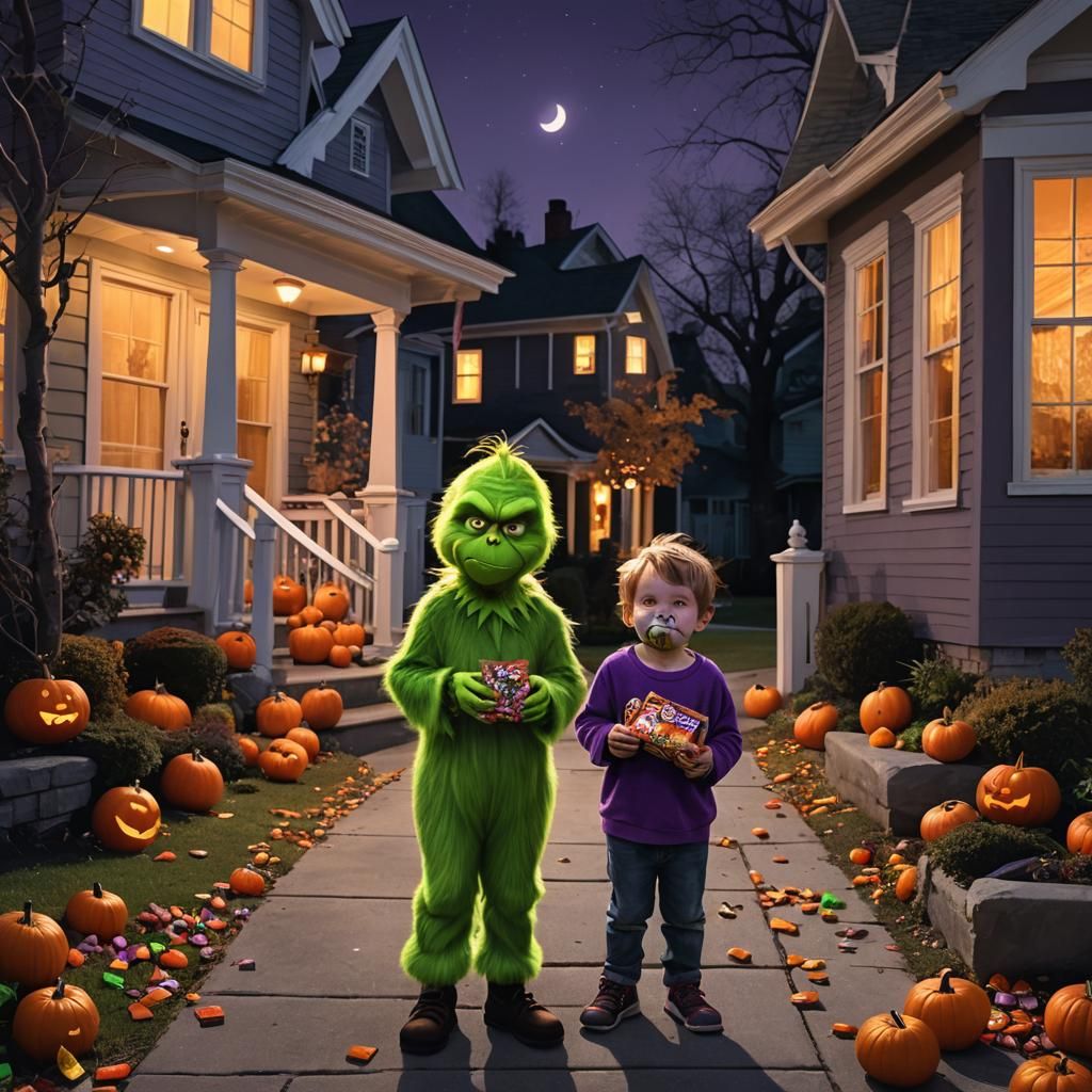 Grinch Masked Toddler Steals Halloween Candy