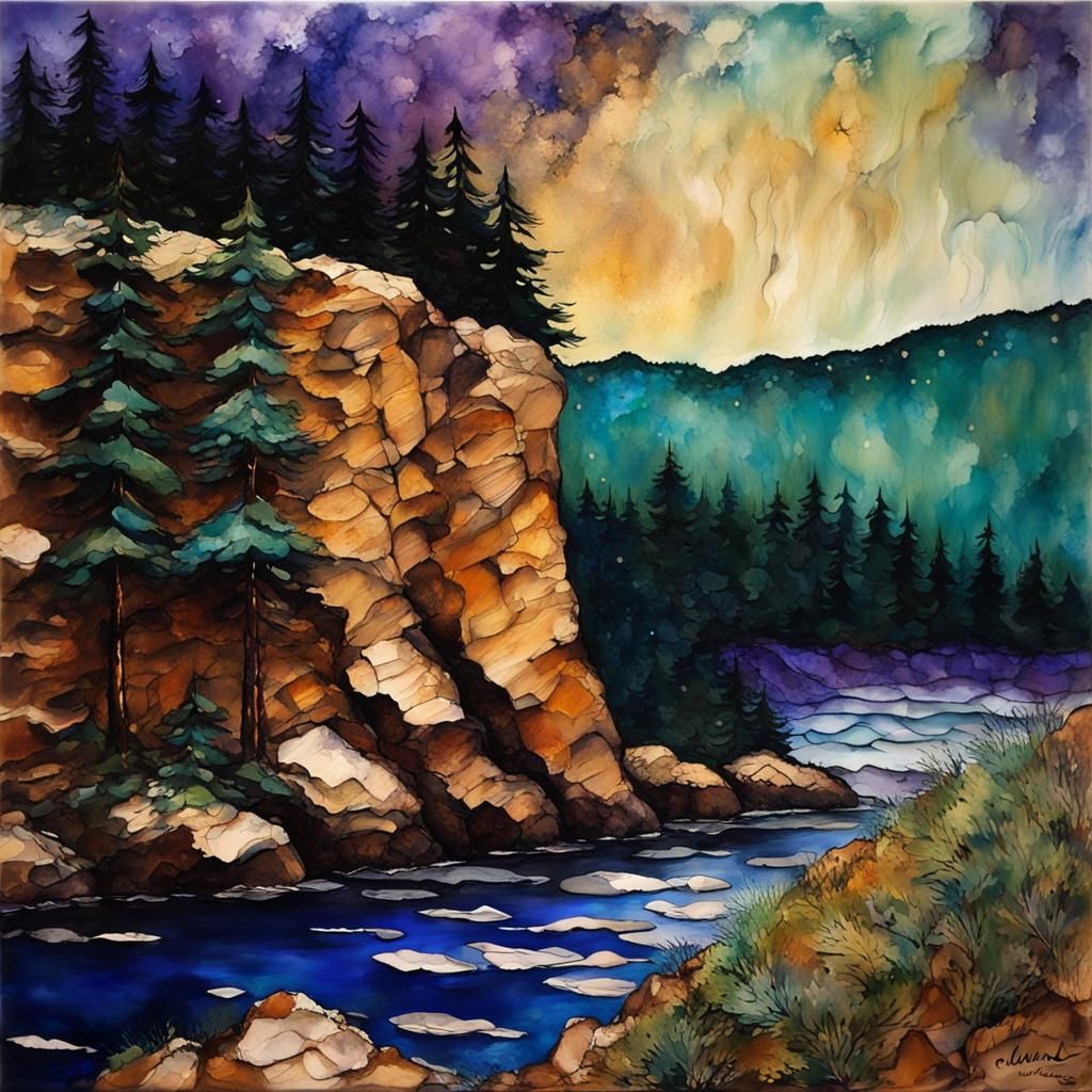 alcohol ink art :: Shawangunks :: brown cliff wall face :: Pine Trees :: starry night black ink blue sage green lavender...