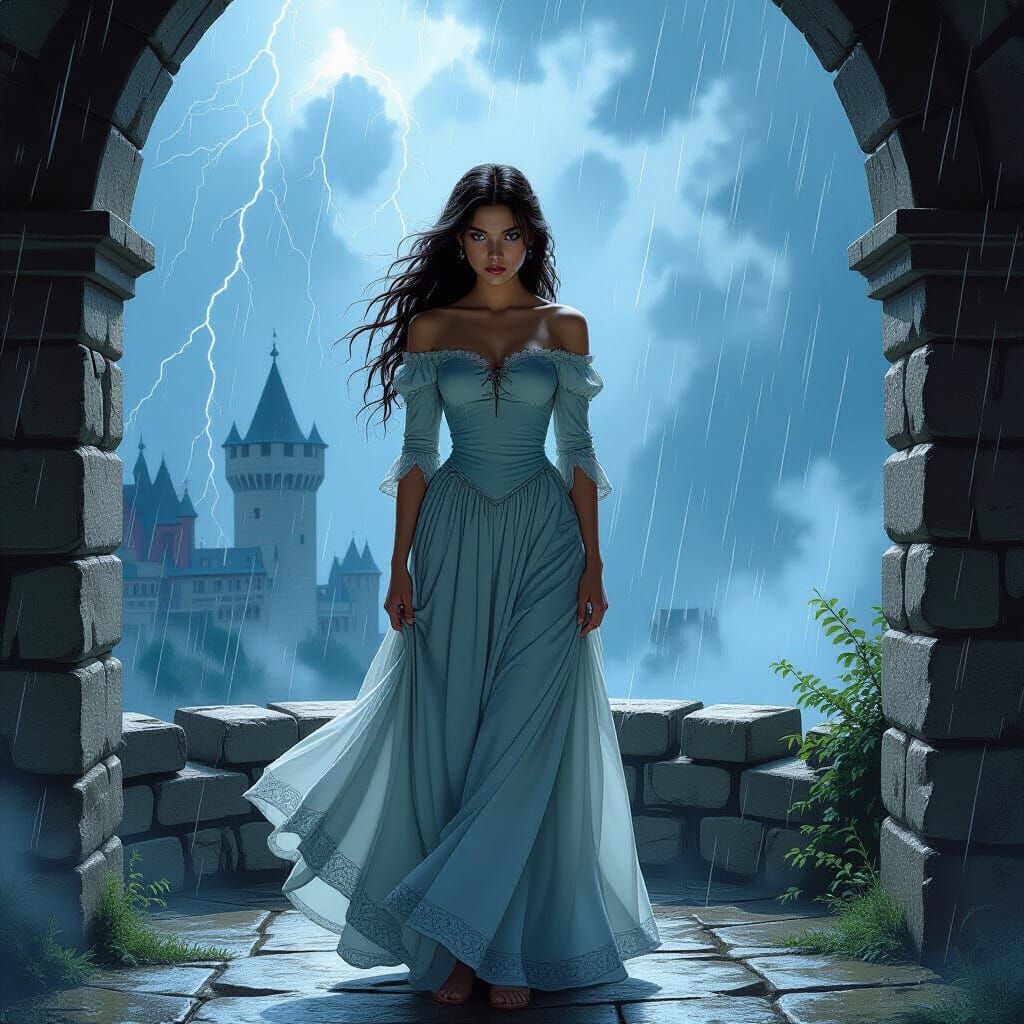 Princess in Turret Amidst Stormy Intrigue