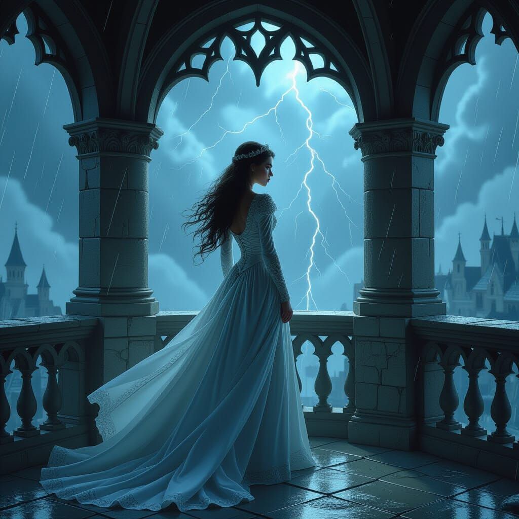 Princess in Stormy Turret Amidst Betrayal, Art Nouveau Style