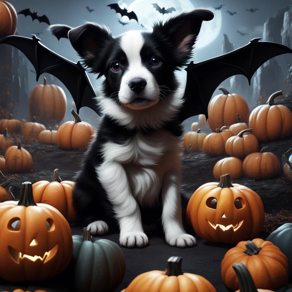 Puppy Border Collie with Bats in Matte Painting Style