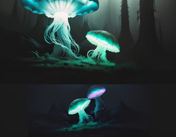 Giant Jellyfish Over Glowing Toadstools: Digital Matte