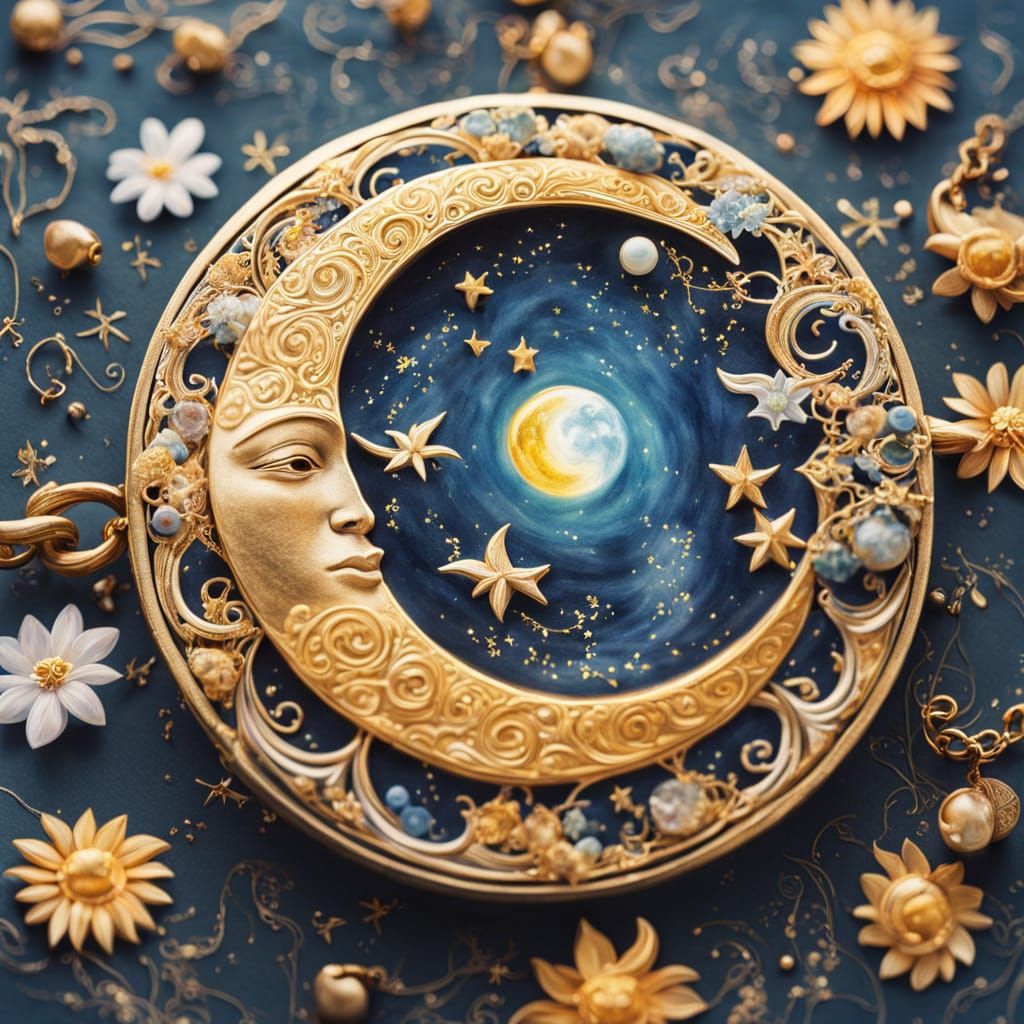 Magical Sun and Moon Locket in Whimsical Gouache Style