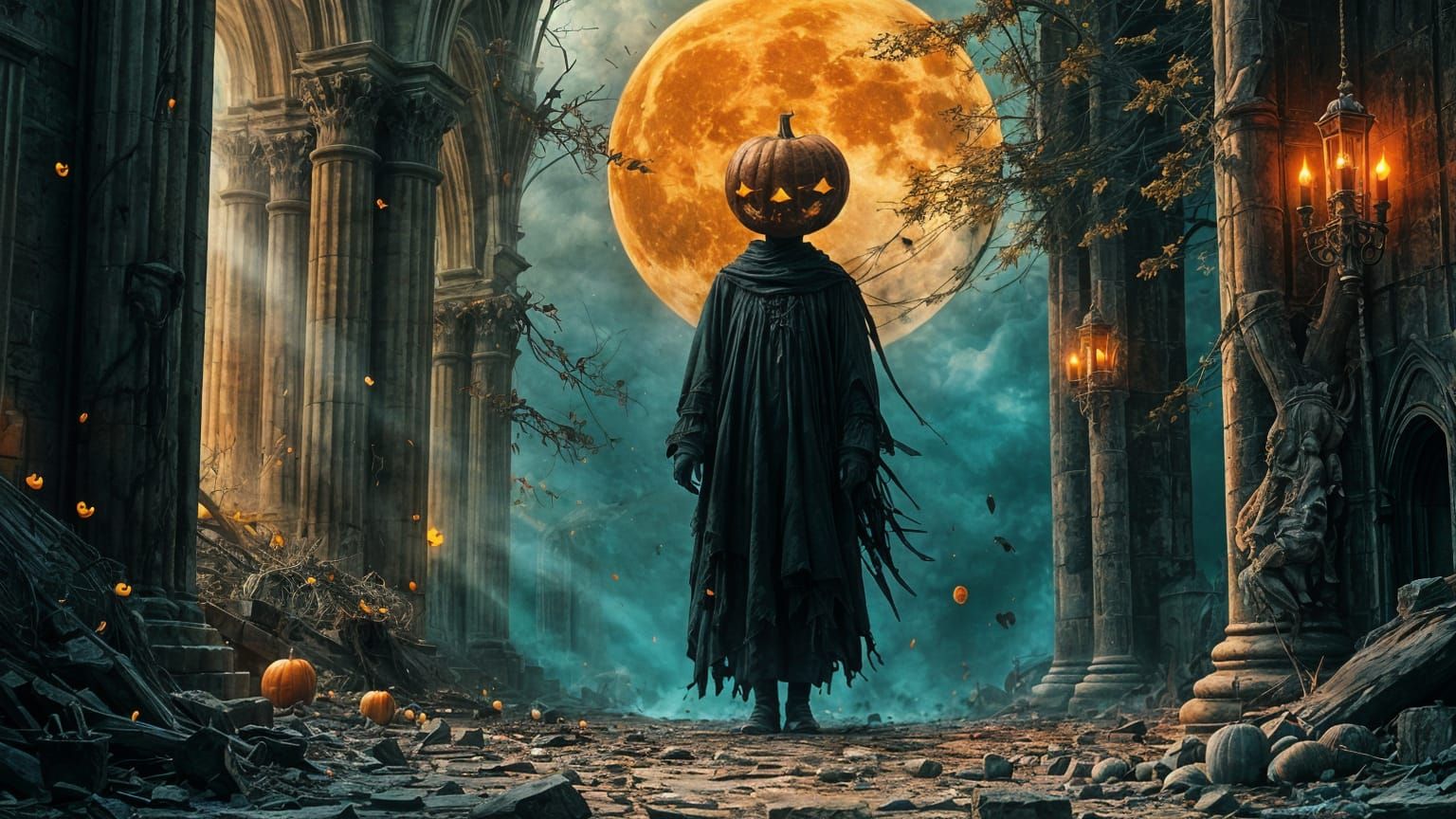 Gothic Cathedral Ruins with Phantom Scarecrow and Harvest Mo...