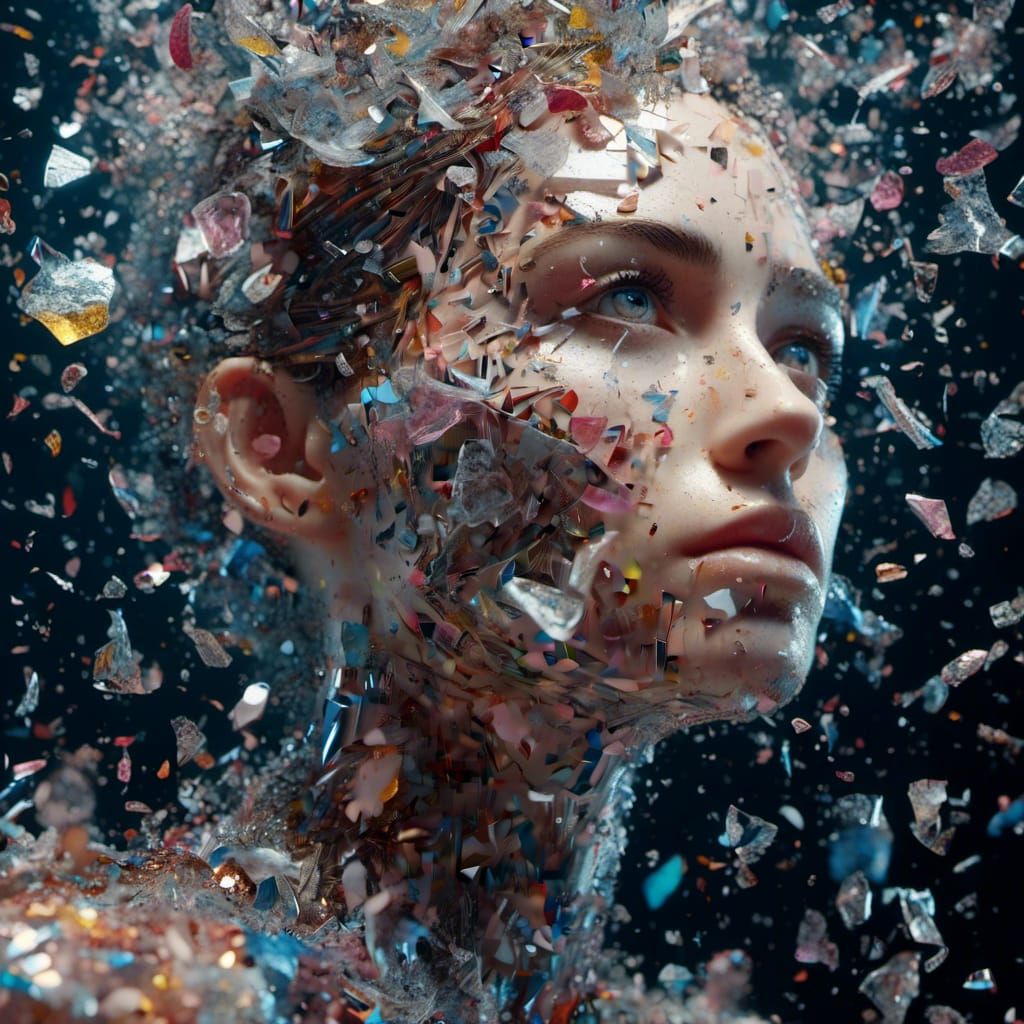 Shattered Glass Woman: Hyperrealistic Emotional Portrait