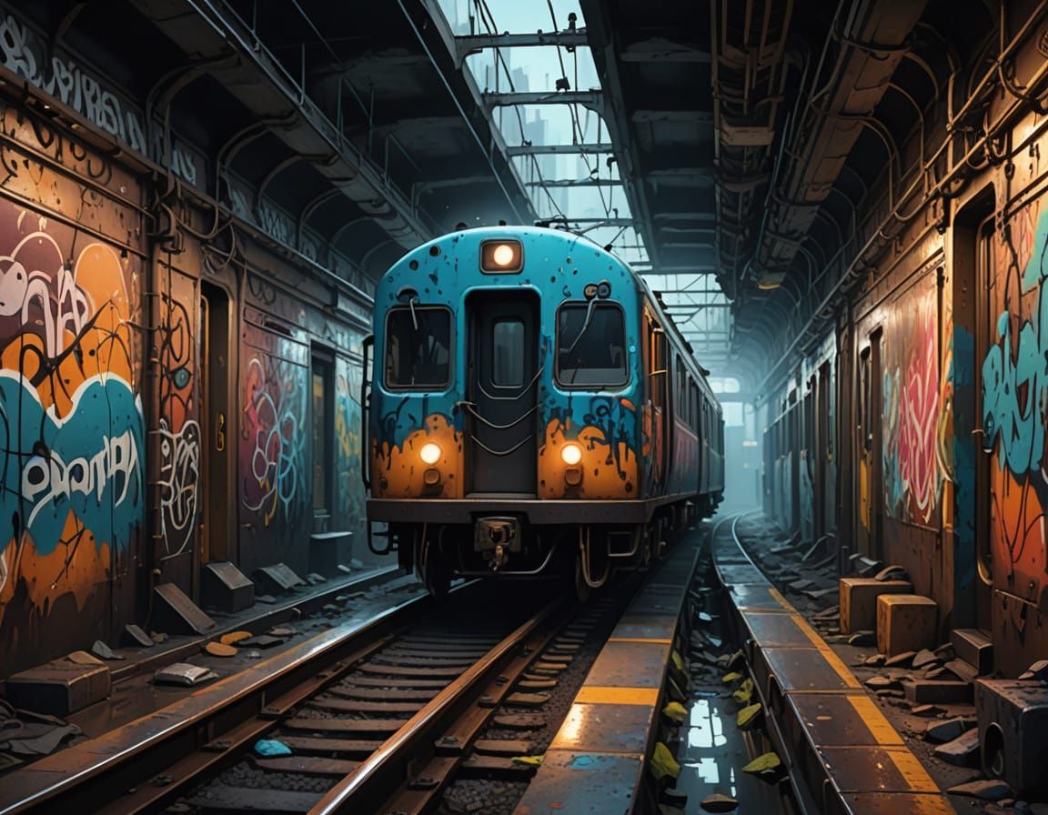 Surreal Underground Train Scene in Visceral Impasto Style