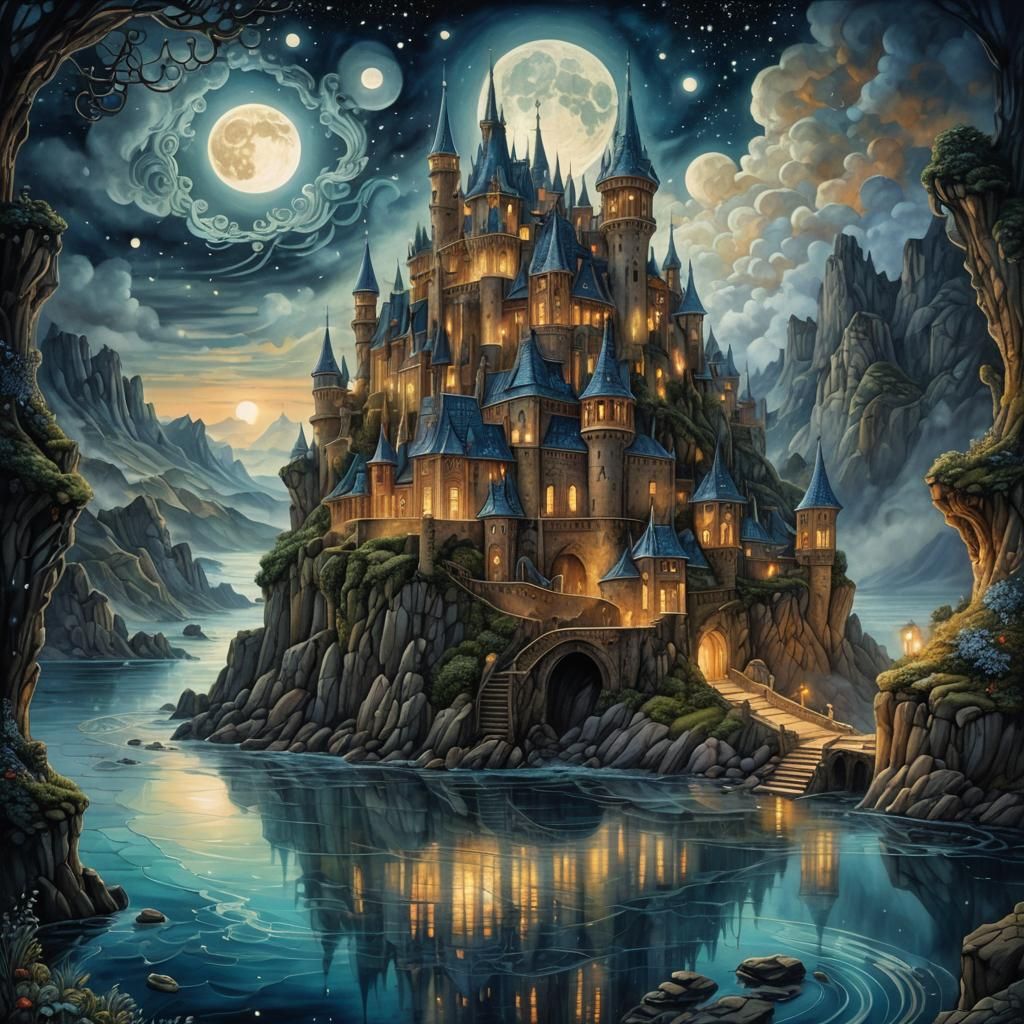 Moonlit Castle Seascape in a Surrealist Style