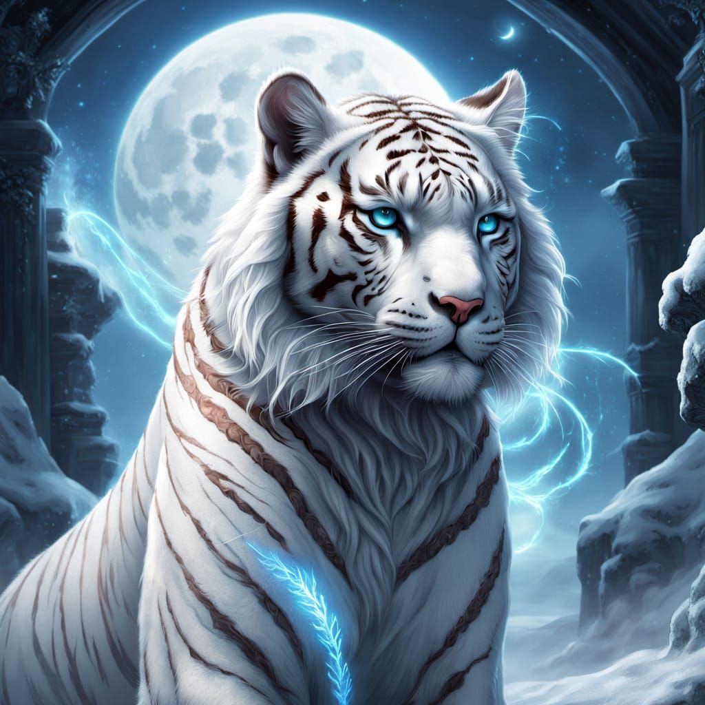 White Tiger Princess With Glowing Runes in Moonlight