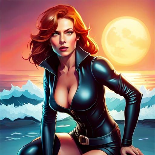 Black Widow Bikini Portrait on Beach in Hyperdetailed Style