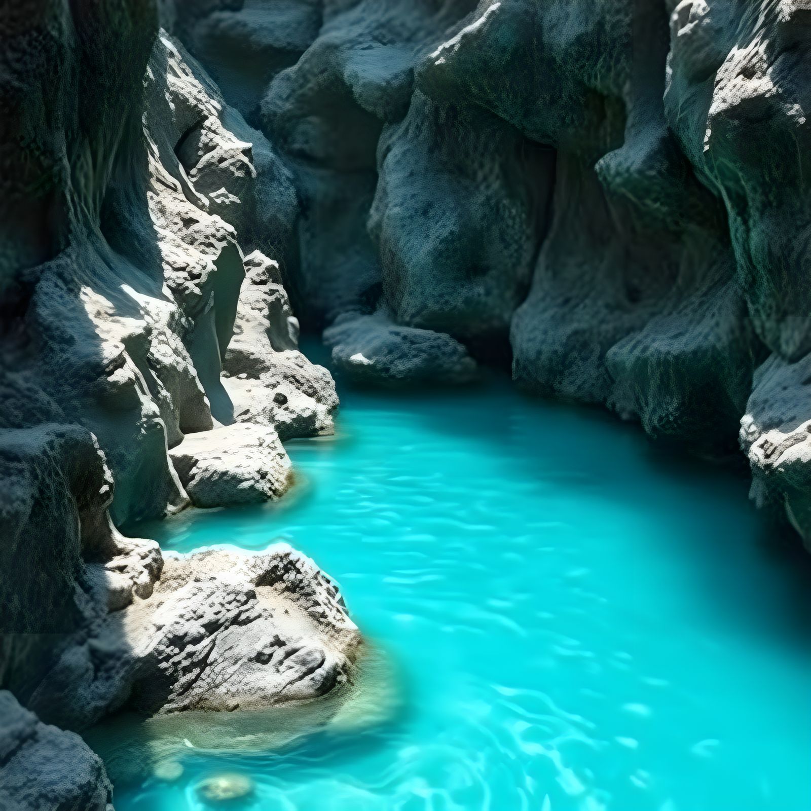 Mysterious Tropical Oasis in a Dreamy Cyan Haze