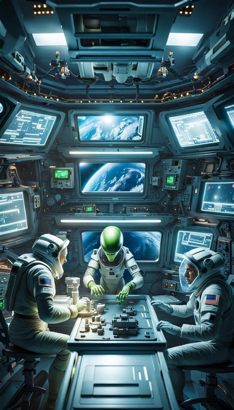 Human and Alien Scientists Collaborate in Space Station
