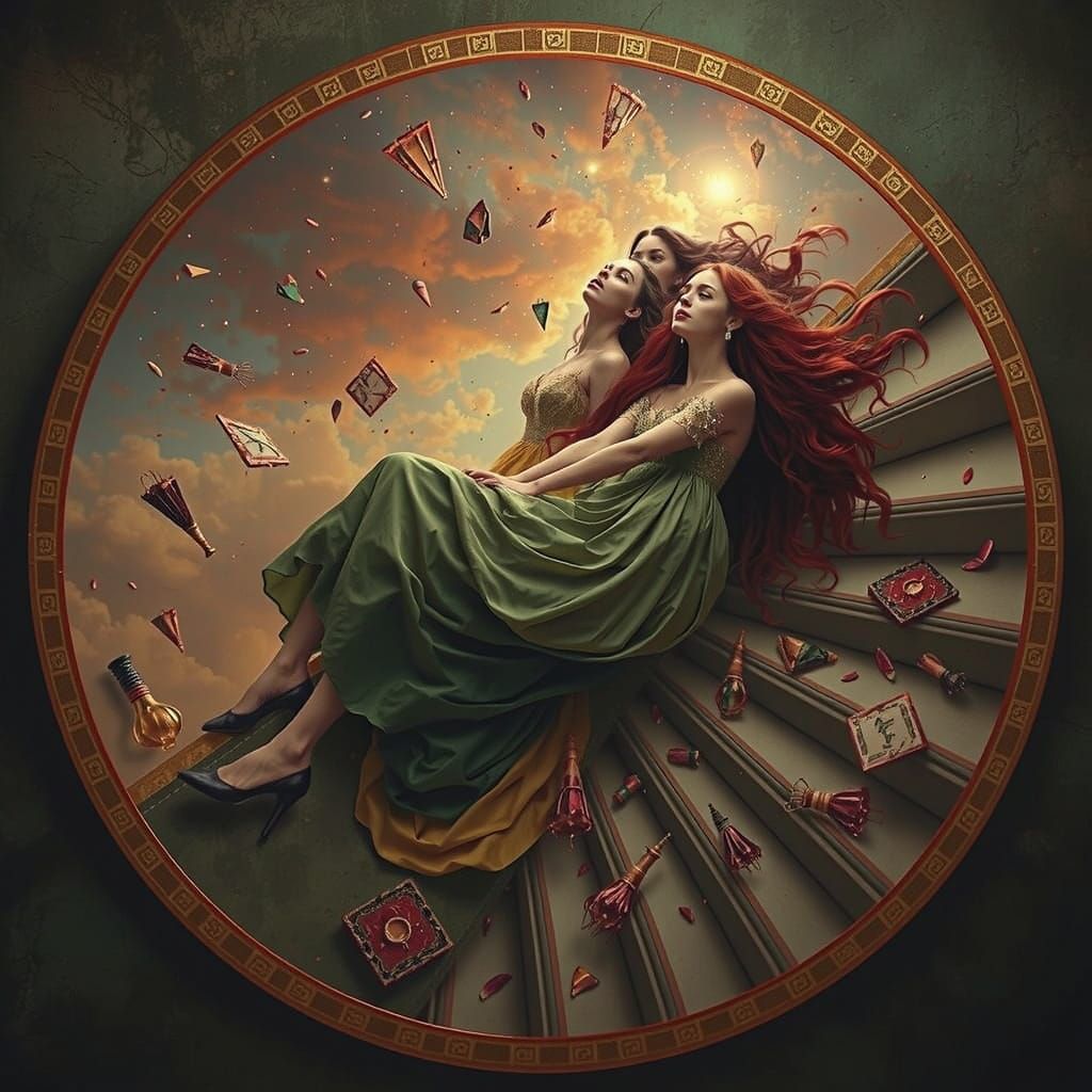 Three Sisters on Celestial Staircase in Billowing Gowns