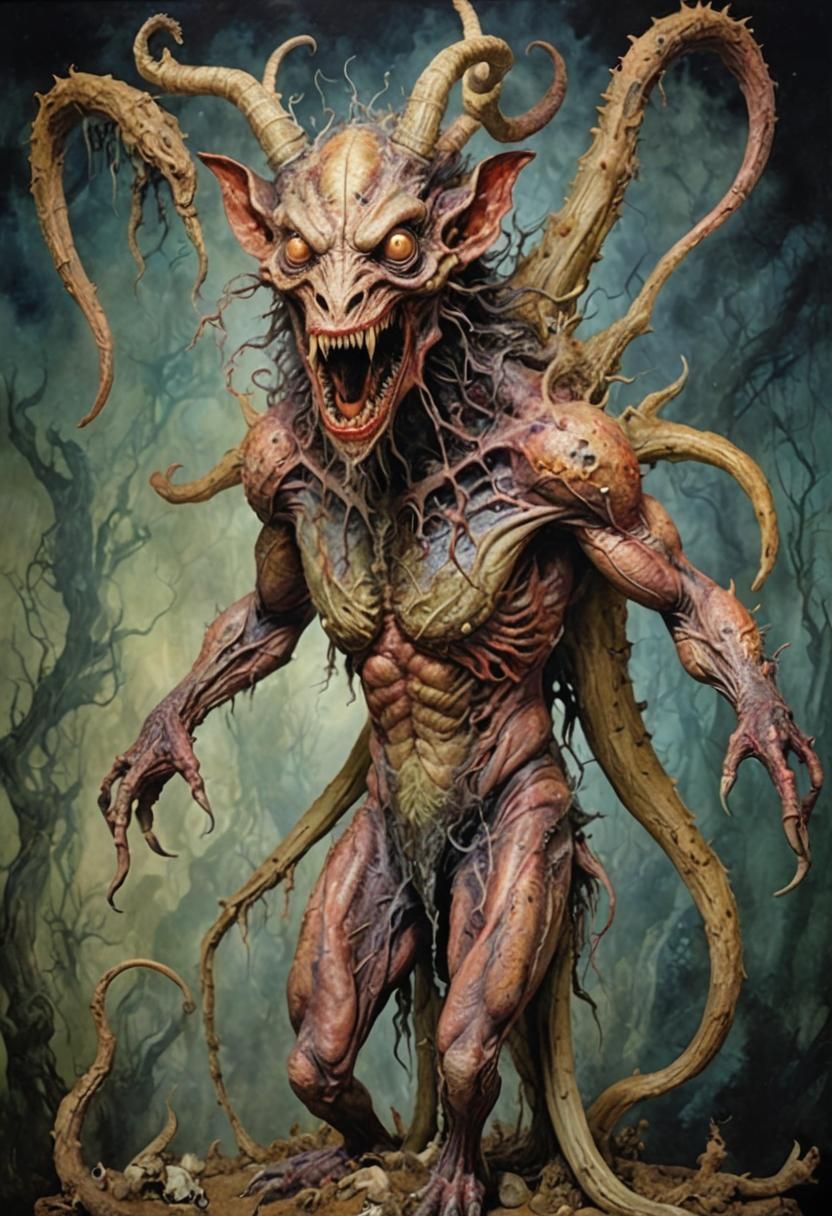 Nightmarish Creature Conquers Demons in Surreal Art