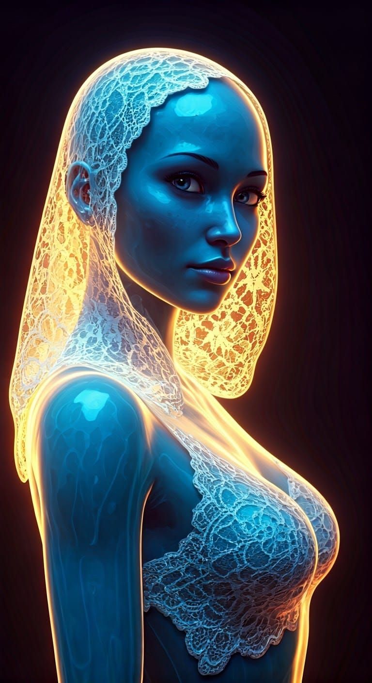 Glowing Blue Slime Goddess in Whimsical Lace Attire