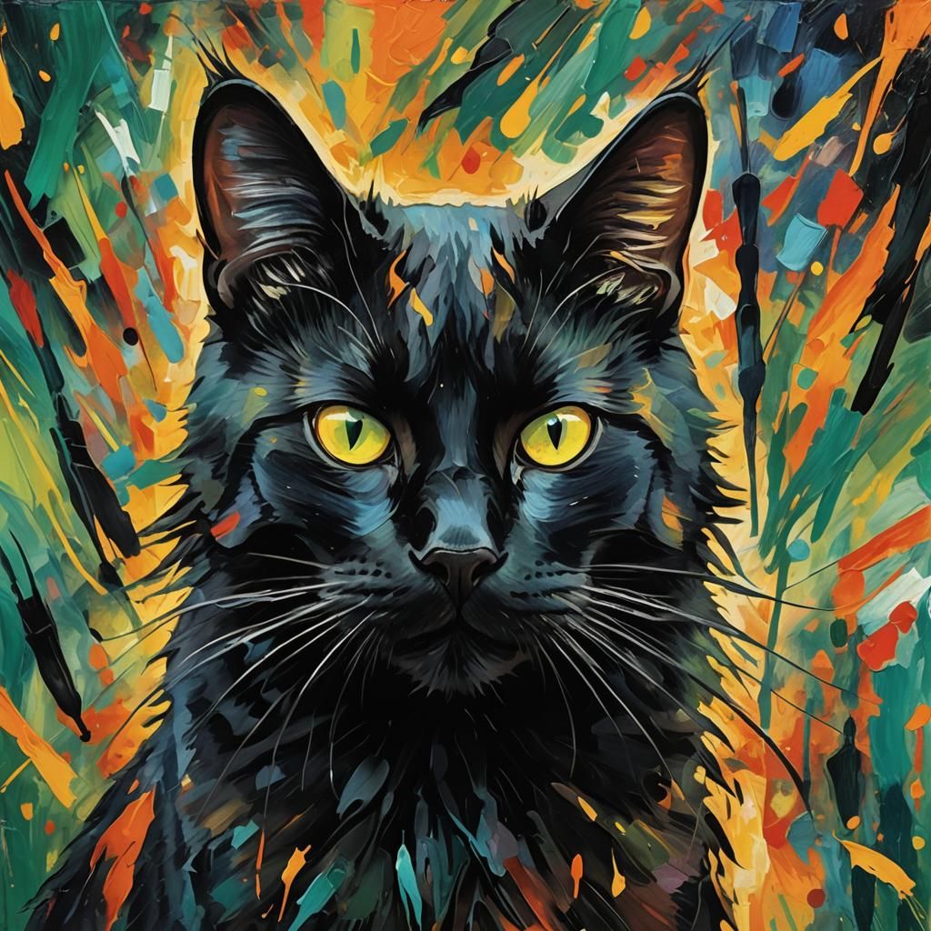Mysterious Black Cat in Abstract Expressionist Style