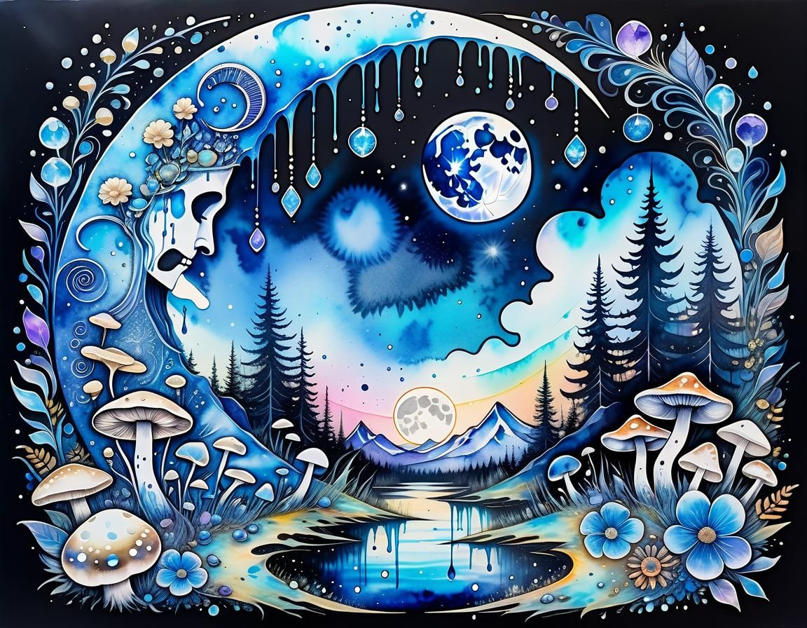 Pastel Goth Watercolor: Blue Energy Crescent Moon
