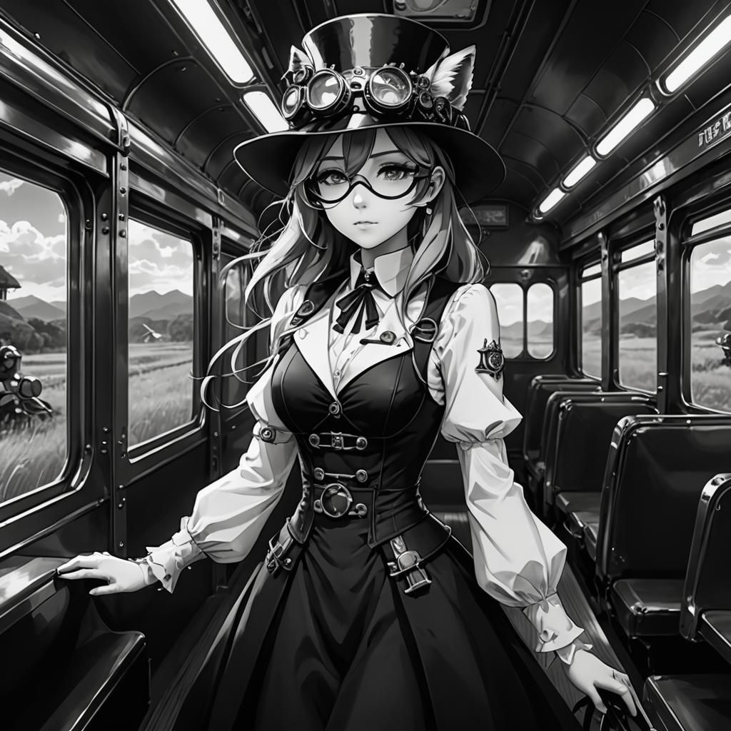 Steampunk Foxgirl on Train in Anime Art Style