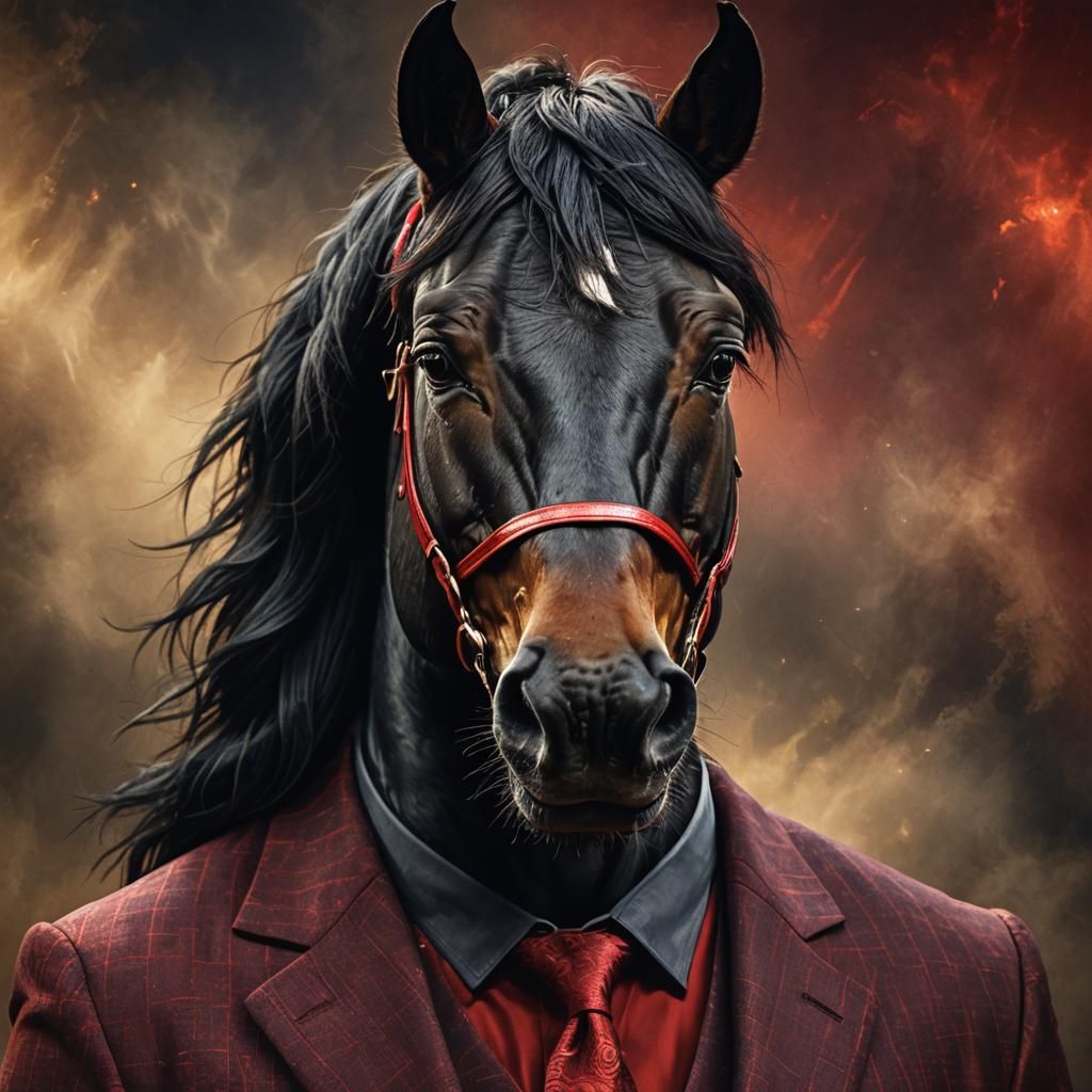 Horse Head in Red Suit: Vivid Digital Art