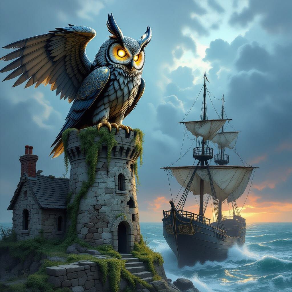 Mechanical Owl on Lighthouse Overlooking Stormy Sea