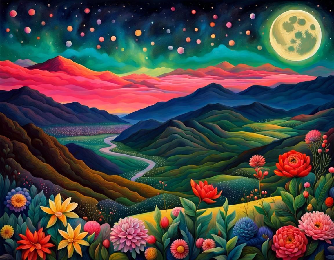 Surreal Night Landscape with Aurora and Flowers