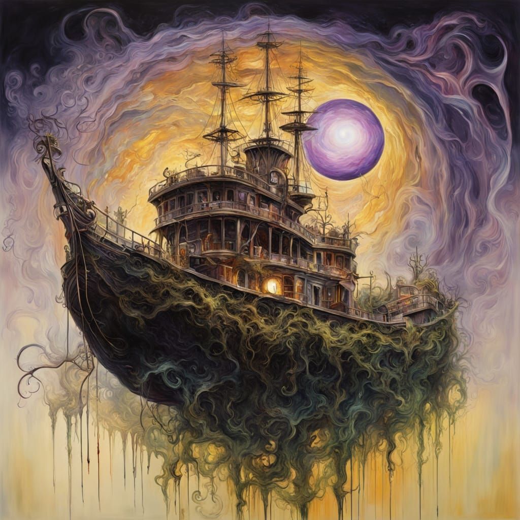 Surreal Glass Ship Among Roots with Two Suns