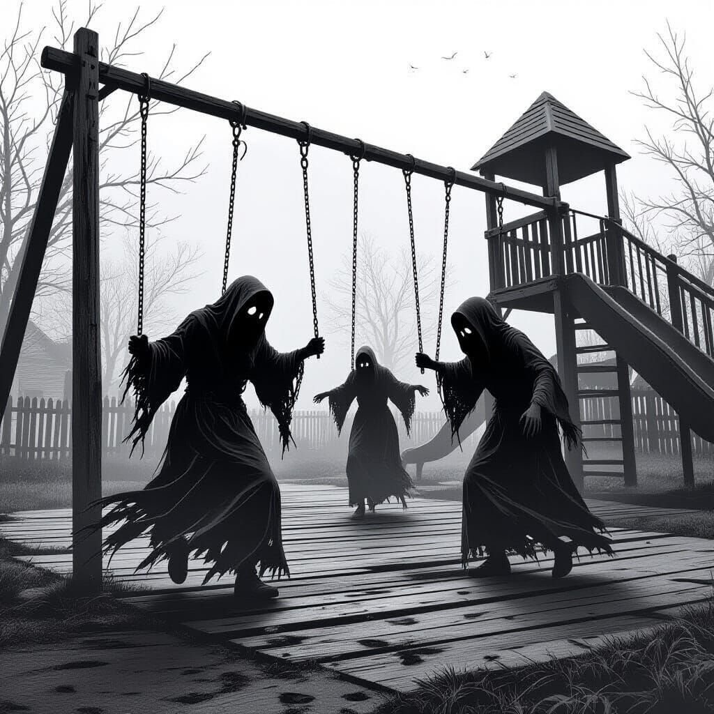 Eerie Ghosts Play on Playground in Black and White
