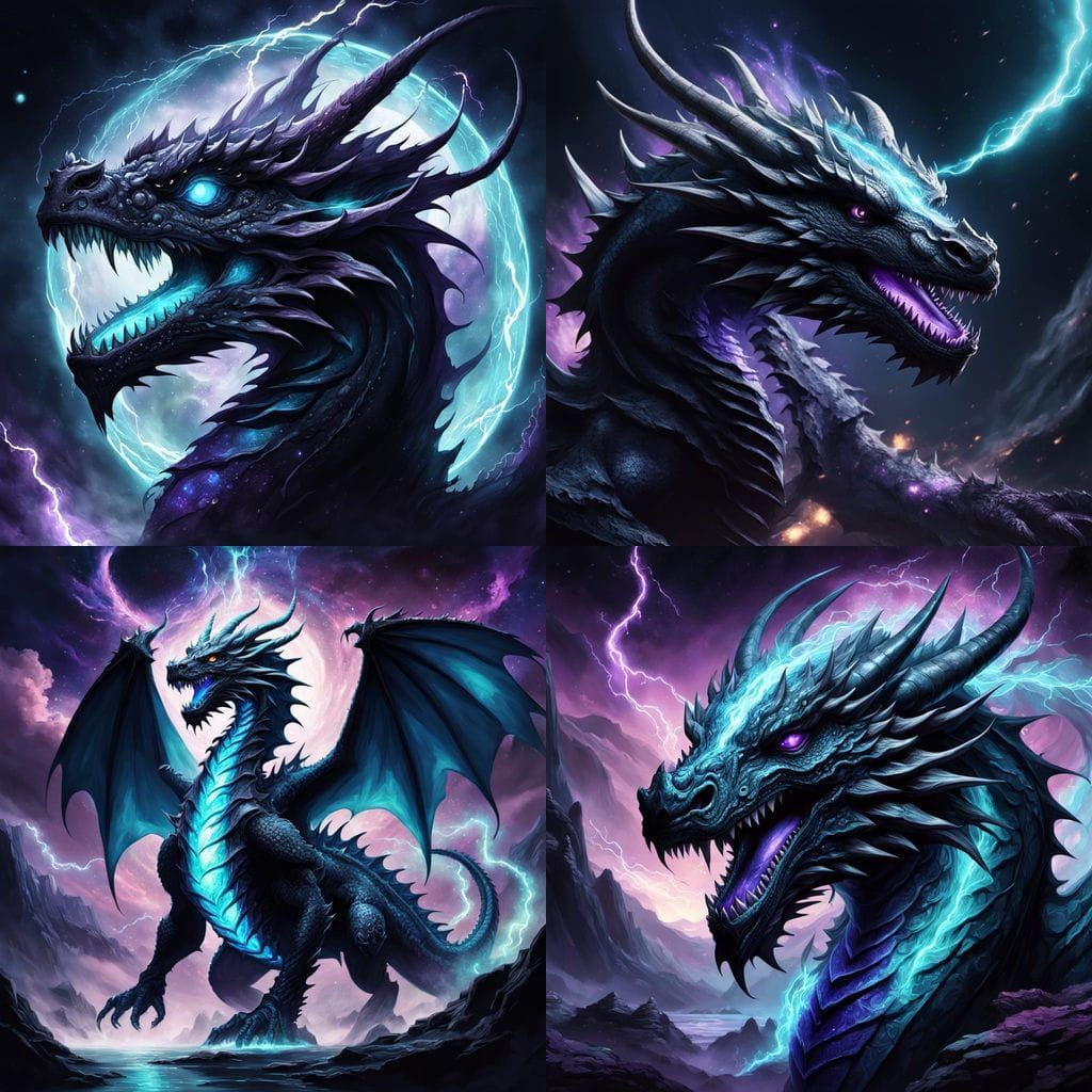 Black Dragon with Aquamarine Highlights and Purple Lightning
