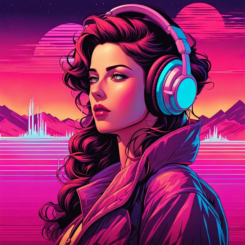 Girl with Headphones in Vaporwave Style