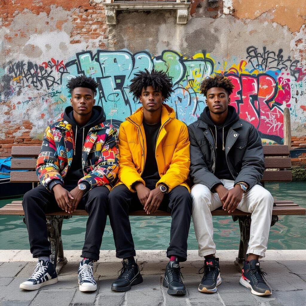 Three Friends on a Bench in Venice, Contemporary Style