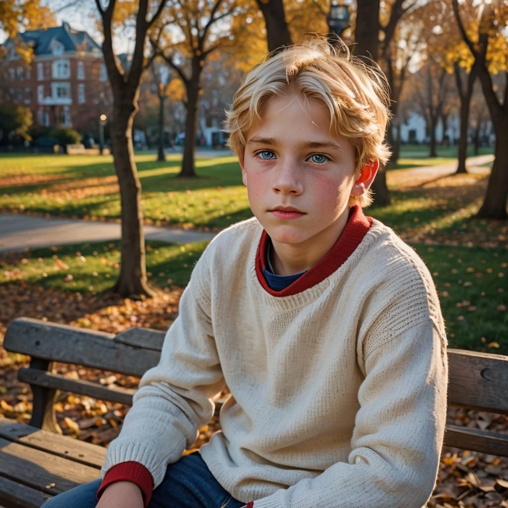 Boy in Park: Photorealistic Portrait in Golden Hour
