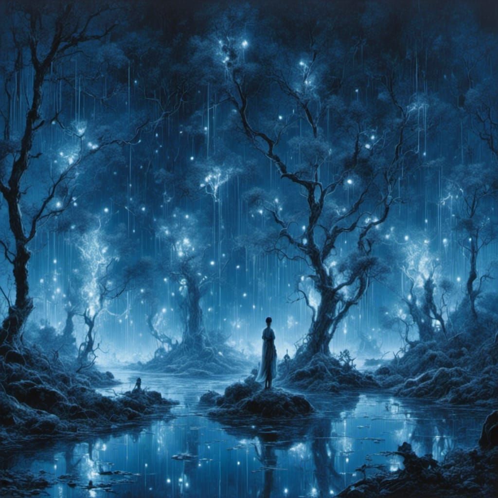 Enchanted Bioluminescent Forest River Reflection