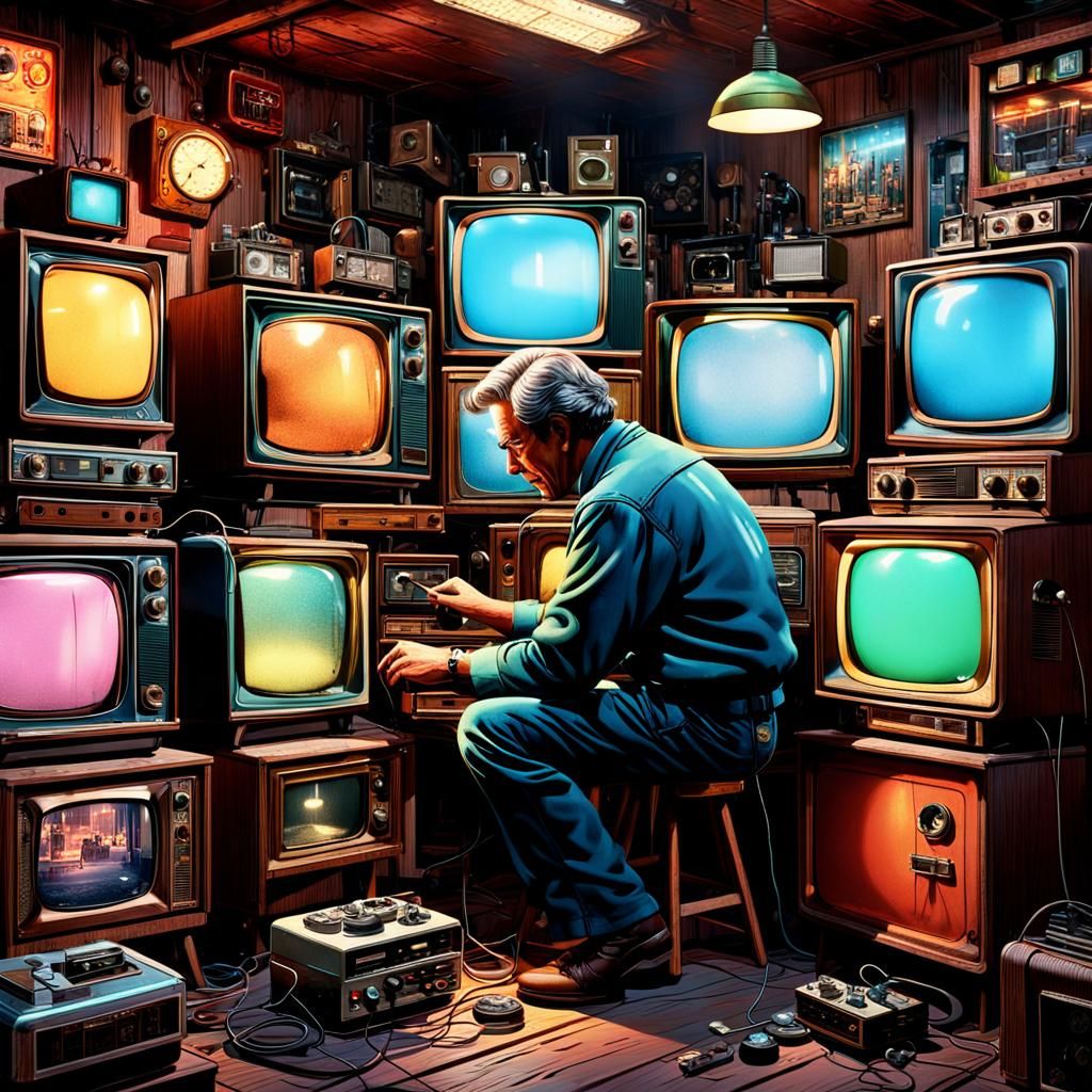 Hyperrealistic 1970s TV Repair Shop Concept Art